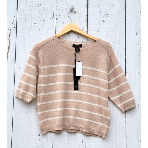 House of Harlow Sweaters - House of Harlow 1960 Women Tan Striped 100% Cashmere Half Sleeve Sweater Sz L